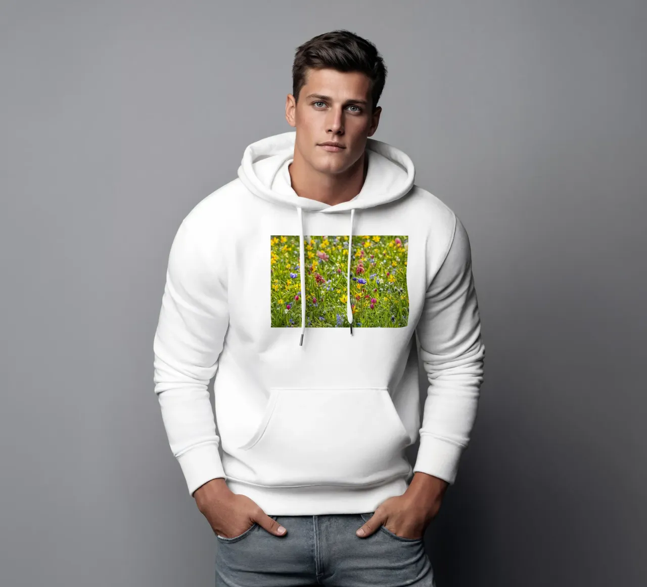 A Symphony of Color: Field of Mixed Flowers felpa con cappuccio da Curious Collections by Marielle Leenders