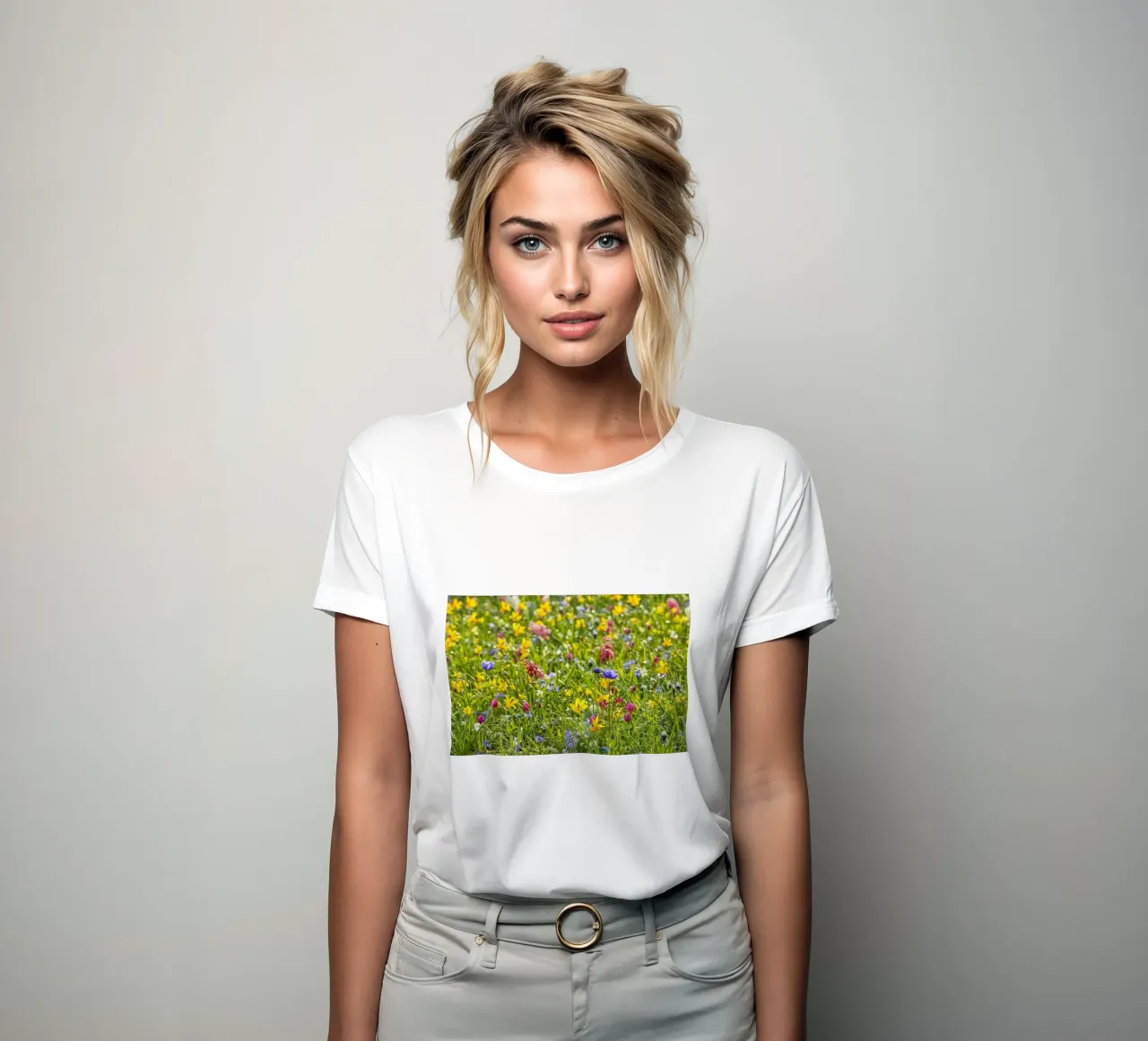 A Symphony of Color: Field of Mixed Flowers t-shirt da donna da Curious Collections by Marielle Leenders