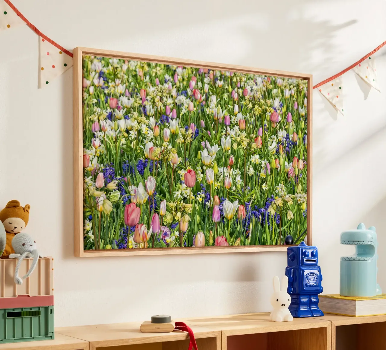 A Springtime Dream: Mixed Flower Field with Tulips and Hyaci tela con Cornice a cassetta da Curious Collections by Marielle Leenders