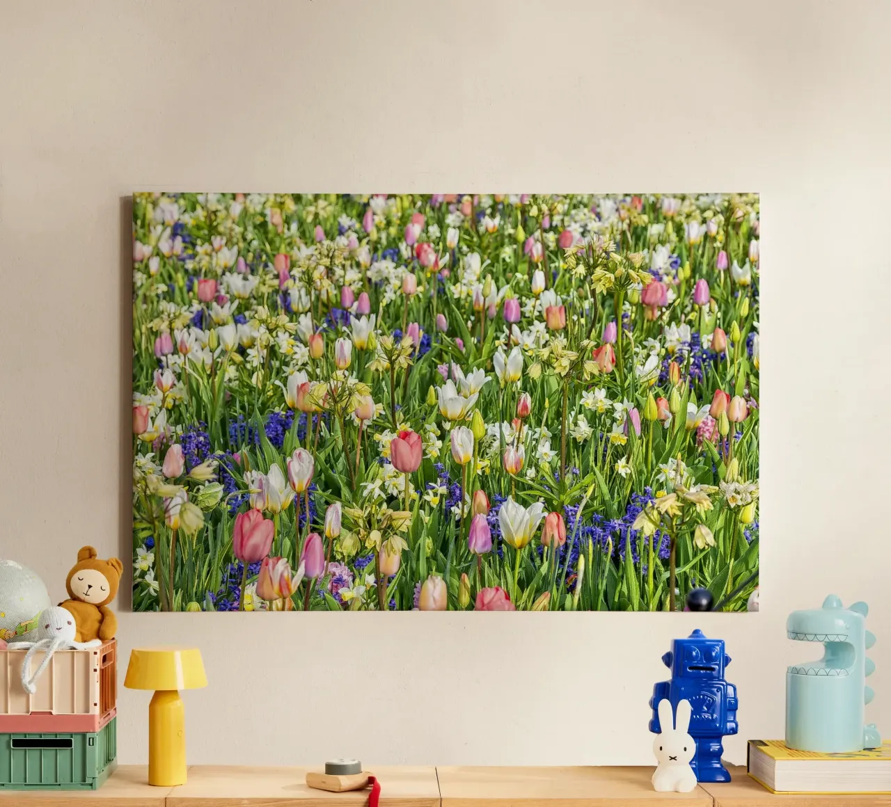 A Springtime Dream: Mixed Flower Field with Tulips and Hyaci tela con Cornice a cassetta da Curious Collections by Marielle Leenders