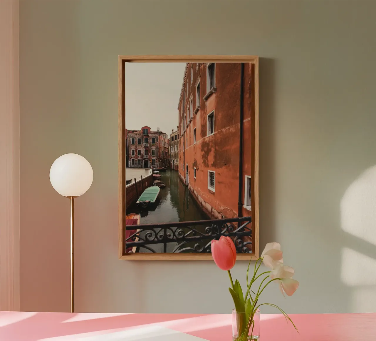 Red house and gondolas on a canal in Venice canvas with Floater frame by Lisa Jureczko Arts Illustration