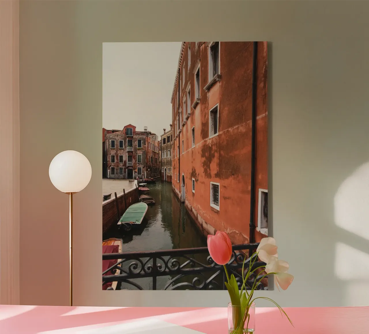 Red house and gondolas on a canal in Venice canvas with Floater frame by Lisa Jureczko Arts Illustration