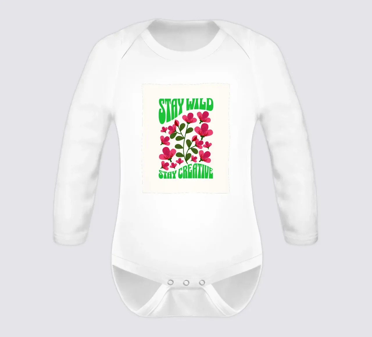 Stay Wild, Stay Creative - Floral Artwork long-sleeve baby romper by inspirational quote