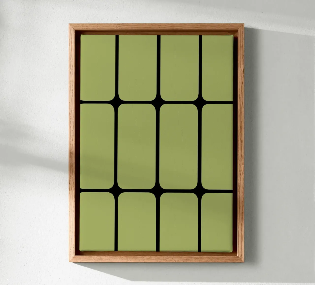 Op de jaren 70 geïnspireerd, olijfgroen geometrisch ontwerp canvas met Baklijst van Lisa Jureczko Arts Illustration