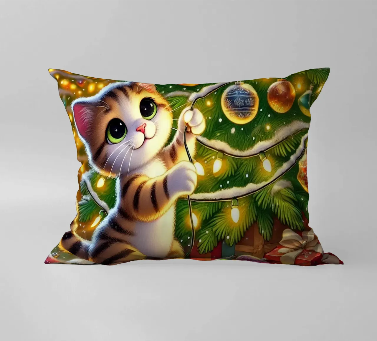 Festive Cat with Lights decorative cushion by FluffyToons