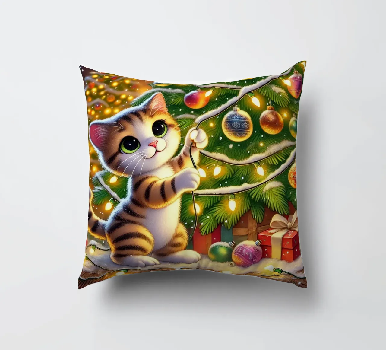 Festive Cat with Lights decorative cushion by FluffyToons