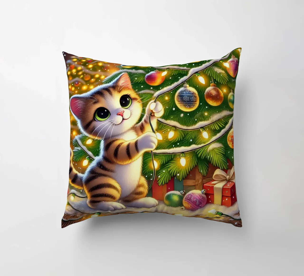 Festive Cat with Lights decorative cushion by FluffyToons