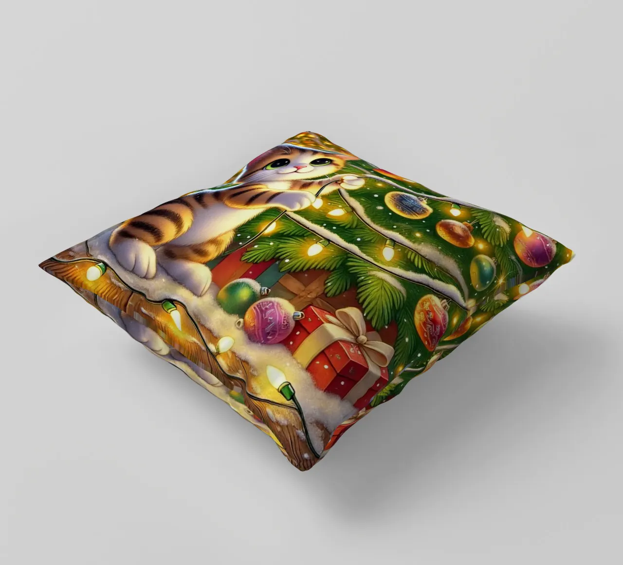 Festive Cat with Lights decorative cushion by FluffyToons