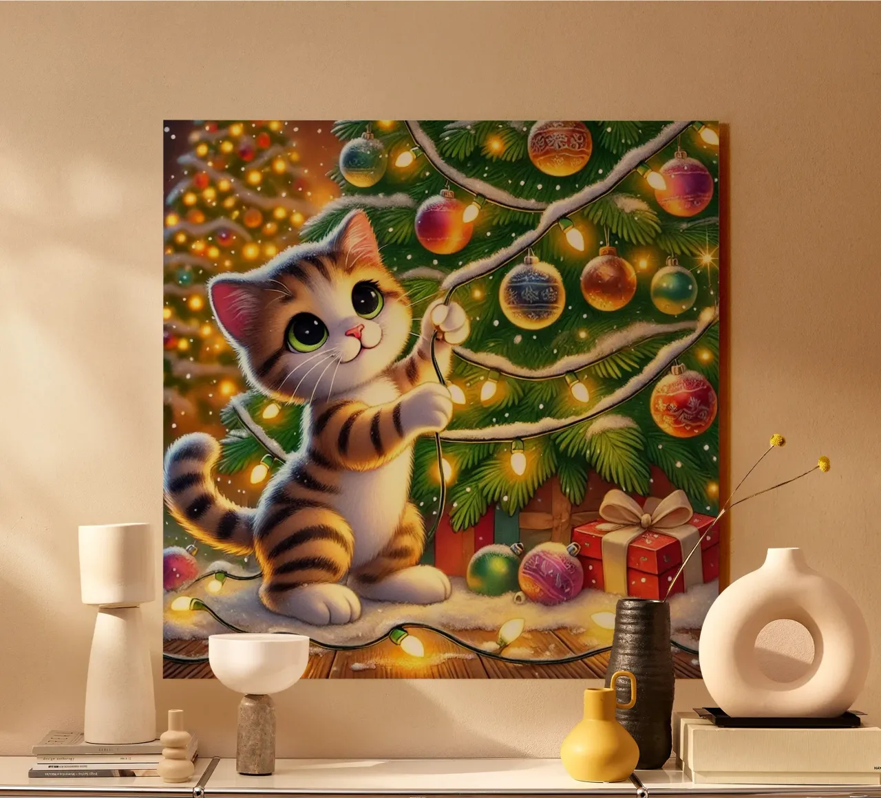 Chat festif avec lumières alu dibond de FluffyToons