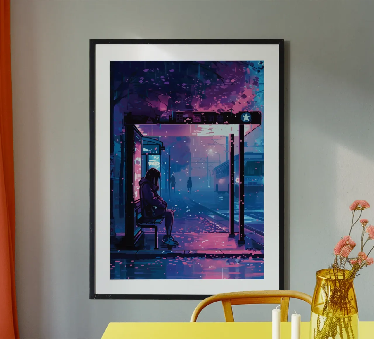 Ragazza alla fermata dell'autobus notturno poster con telaio in plastica da Dreamyart