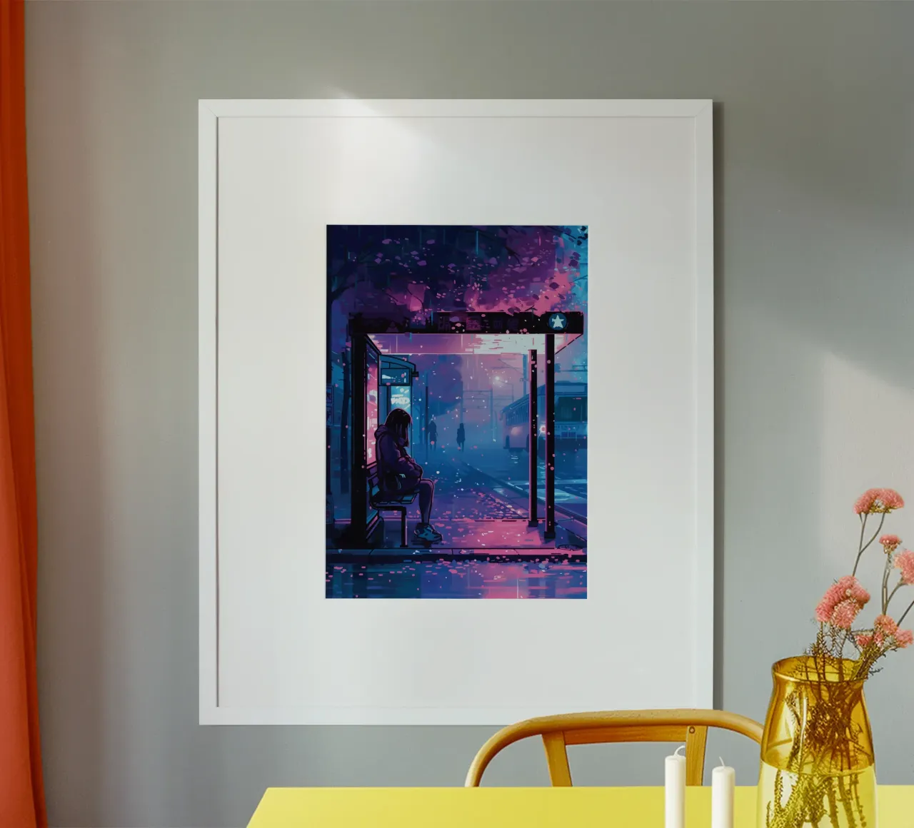 Ragazza alla fermata dell'autobus notturno poster con telaio in plastica da Dreamyart