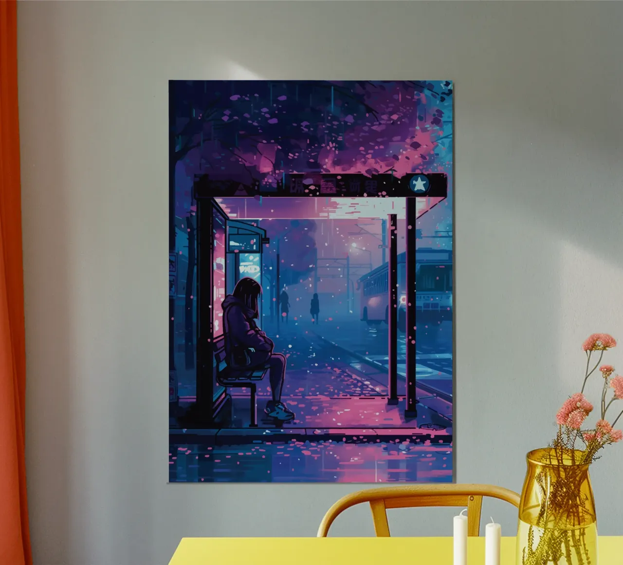 Ragazza alla fermata dell'autobus notturno poster con telaio in plastica da Dreamyart