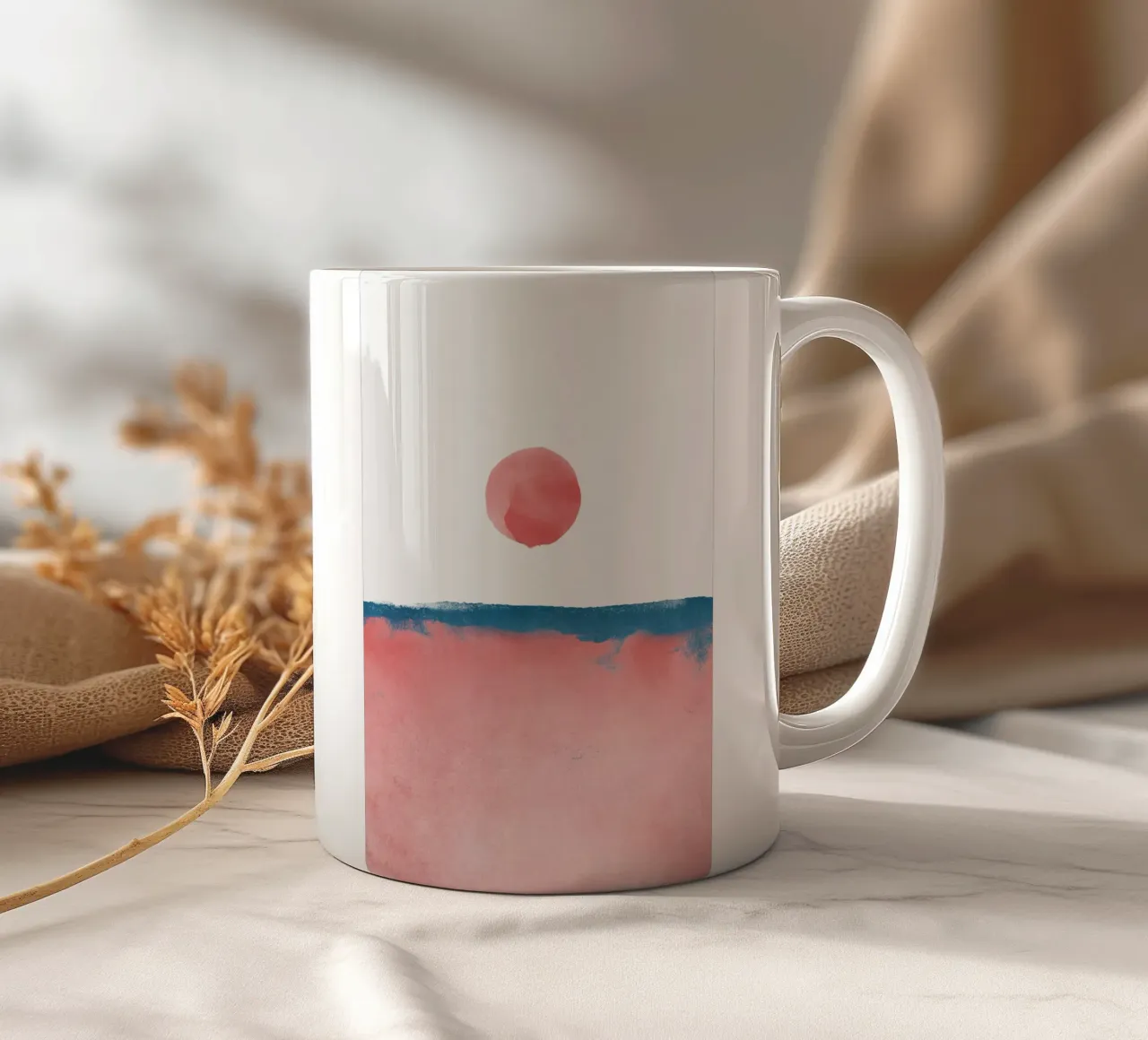 Paesaggio minimale rosa e blu navy 02 tazza in ceramica da amini54