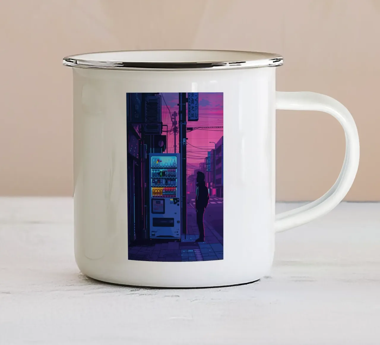 Silhouette persona che cammina notte città strada neon bagliore tazza in smalto da Dreamyart