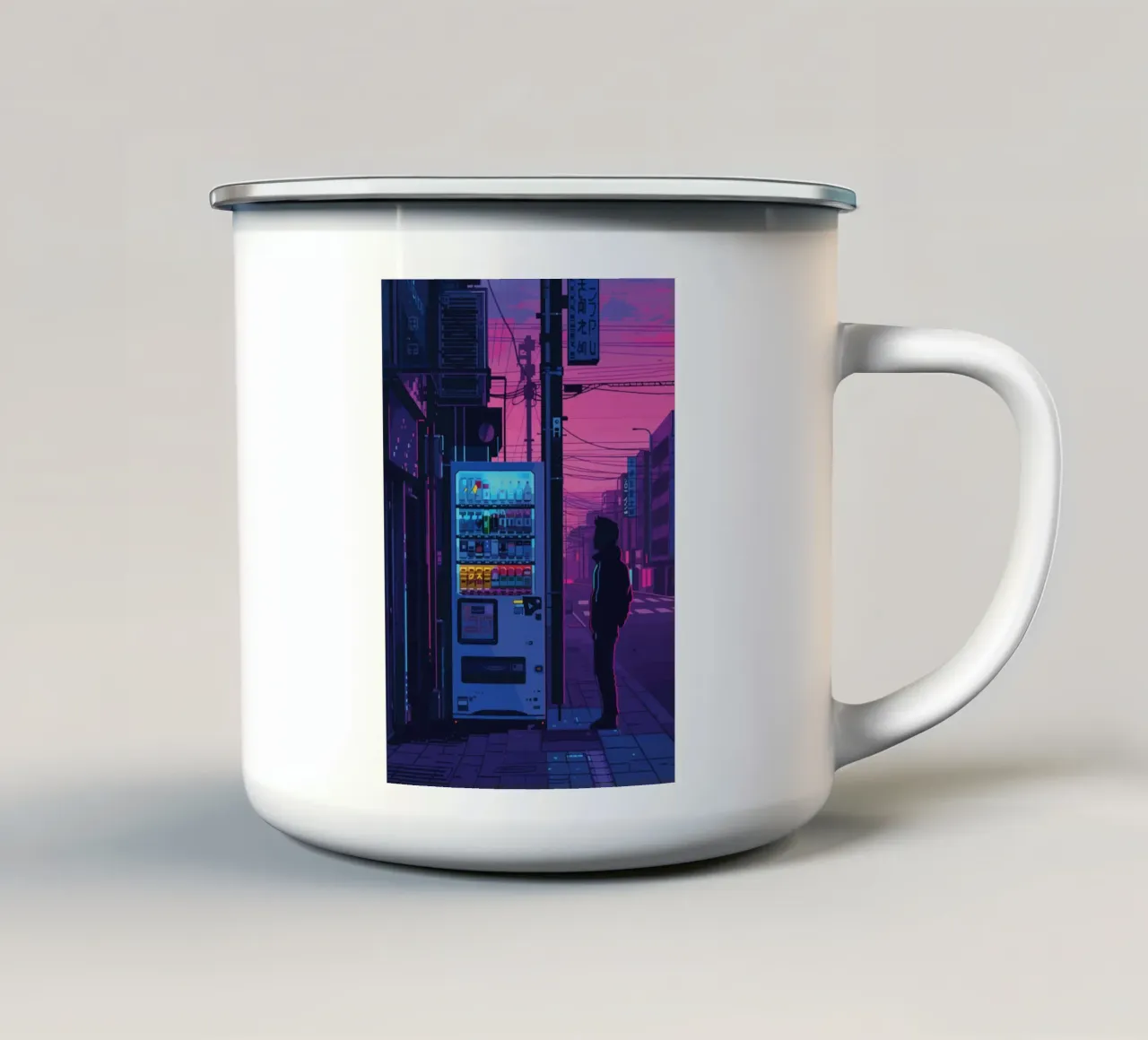 Silhouette persona che cammina notte città strada neon bagliore tazza in smalto da Dreamyart