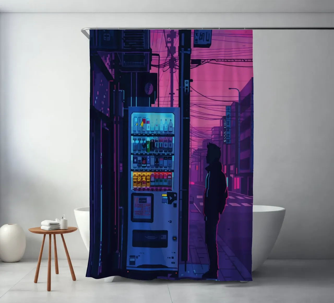 Silhouet persoon wandelen nacht stad straat neon glans douchegordijn van Dreamyart