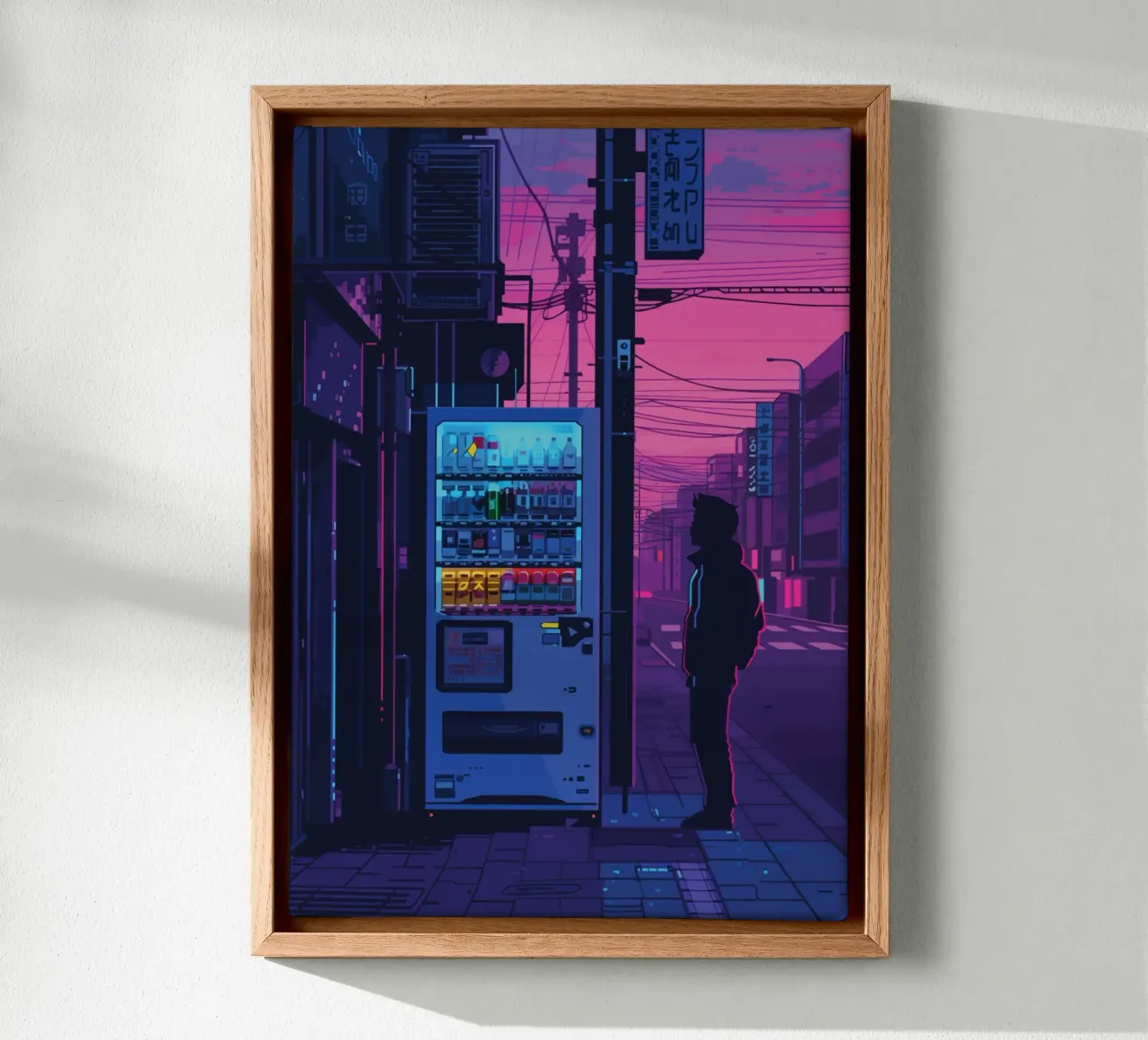 Silhouette Person Walking Nacht Stadt Straße Neon Glow Leinwand mit Schattenfugenrahmen von Dreamyart