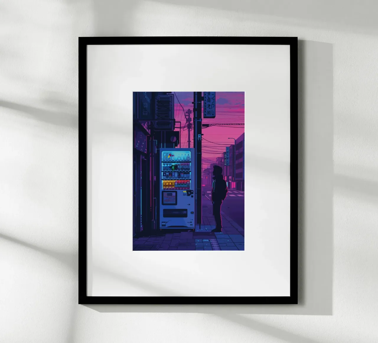 Silhouette persona che cammina notte città strada neon bagliore poster con telaio in plastica da Dreamyart