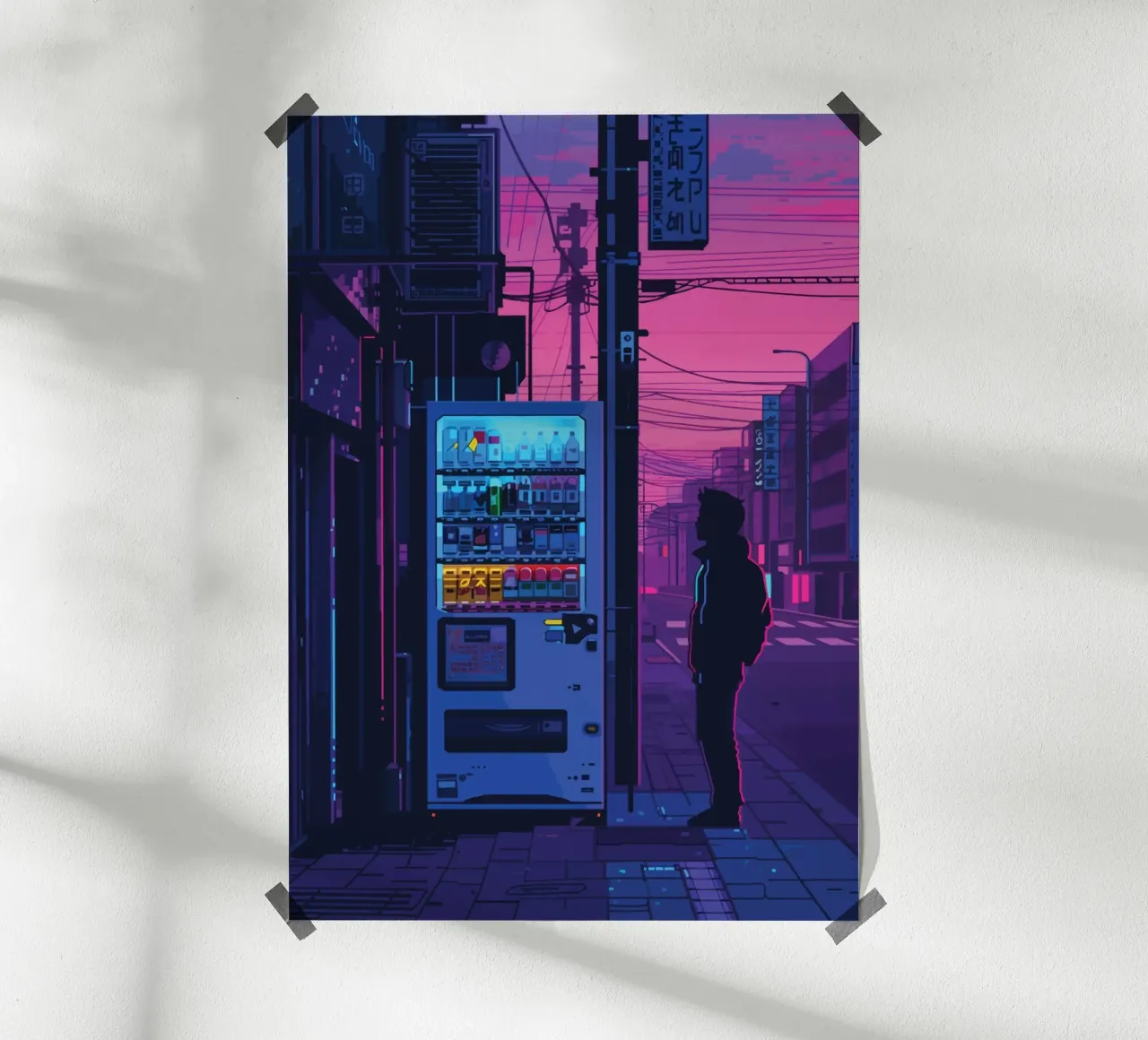 Silhouette persona che cammina notte città strada neon bagliore poster con telaio in plastica da Dreamyart