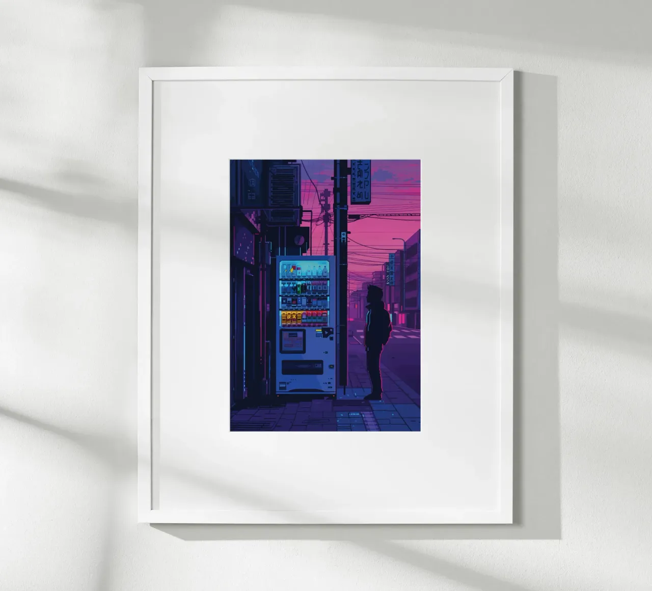 Silhouette persona che cammina notte città strada neon bagliore poster con telaio in plastica da Dreamyart