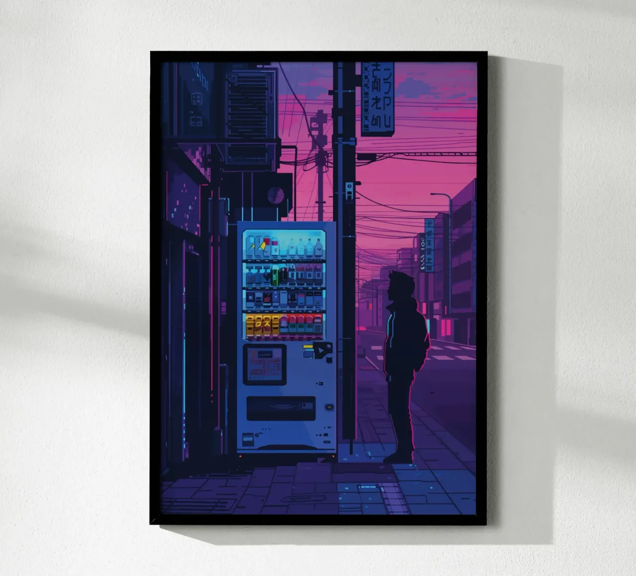 Silhouette persona che cammina notte città strada neon bagliore poster con telaio in plastica da Dreamyart