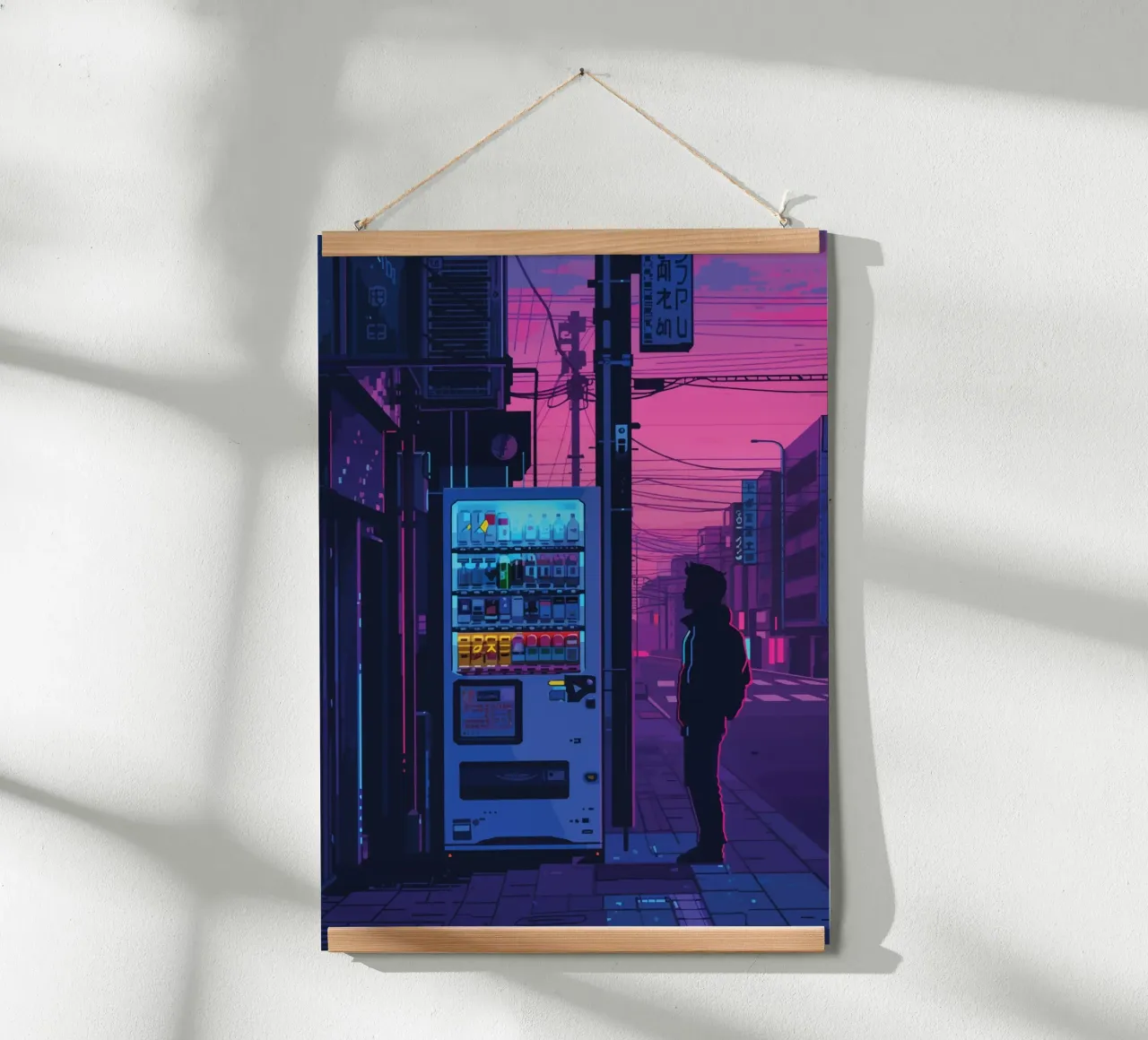 Silhouette persona che cammina notte città strada neon bagliore poster con telaio in plastica da Dreamyart