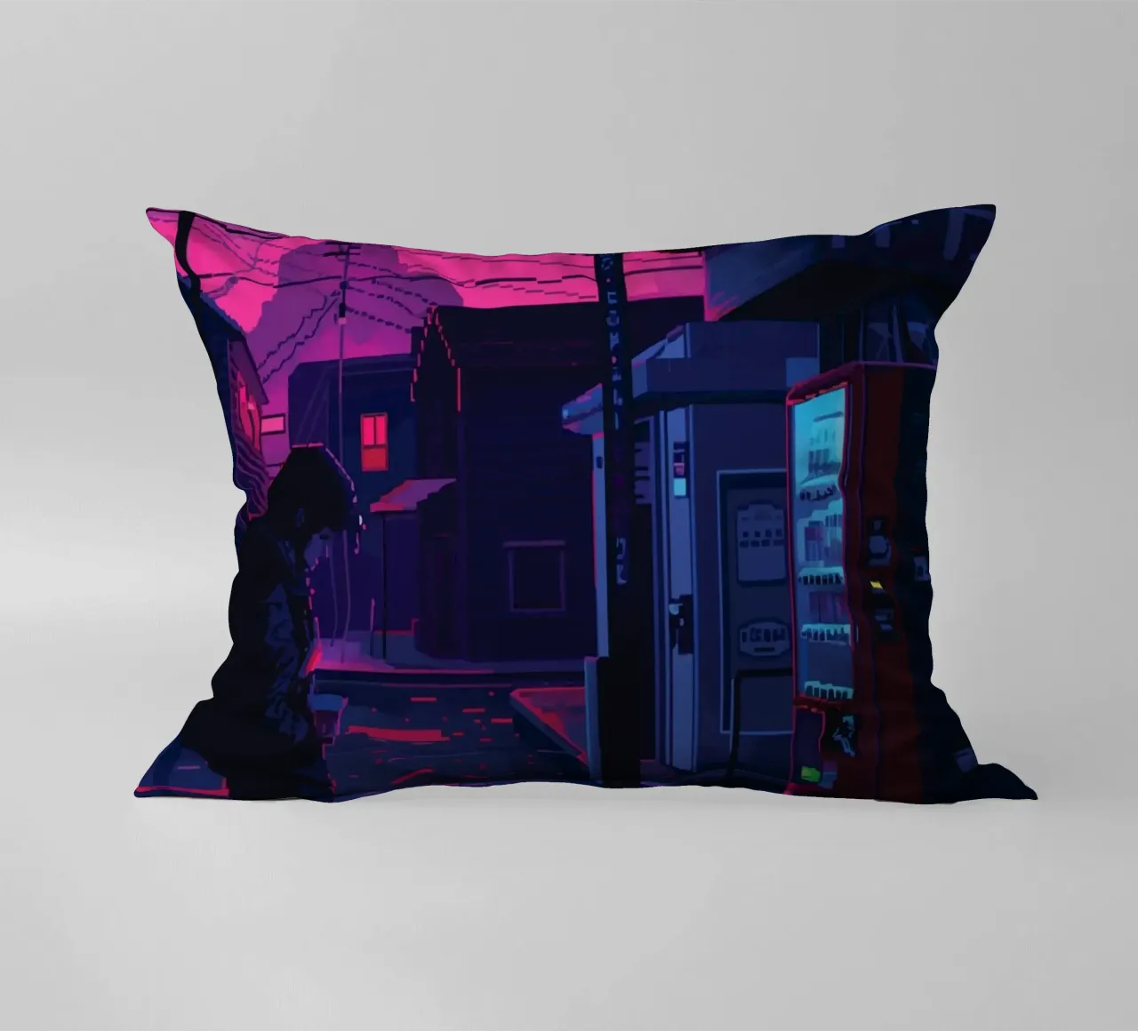 Paesaggio urbano pixelato con distributore automatico e uomo di notte cuscino da Dreamyart