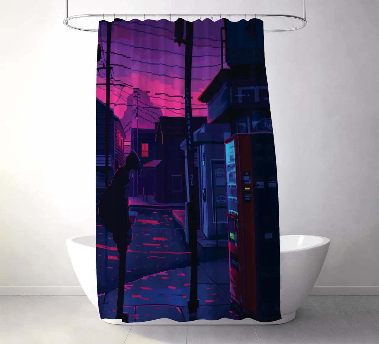 Paesaggio urbano pixelato con distributore automatico e uomo di notte tenda da doccia da Dreamyart