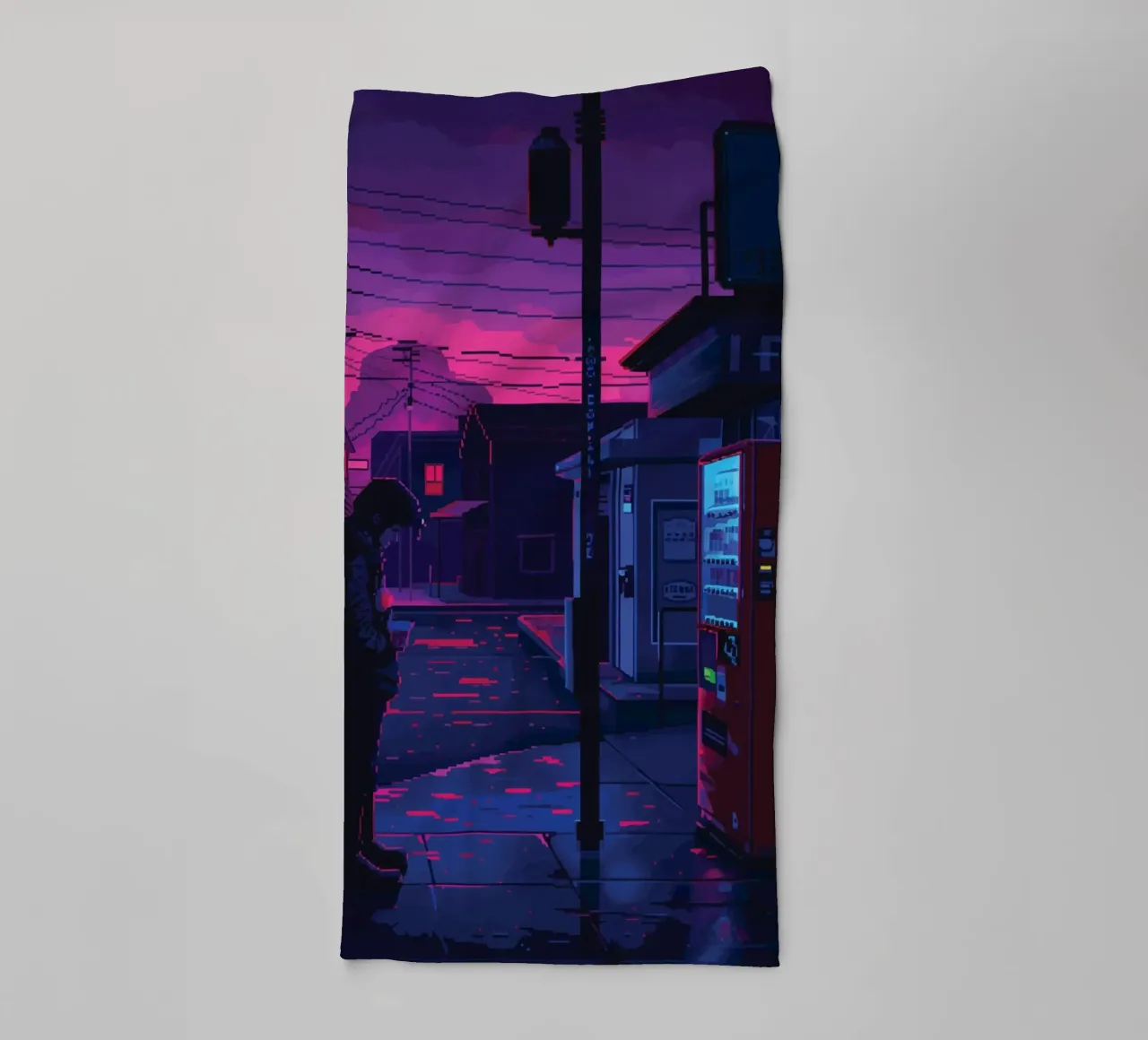 Paesaggio urbano pixelato con distributore automatico e uomo di notte asciugamano da bagno da Dreamyart