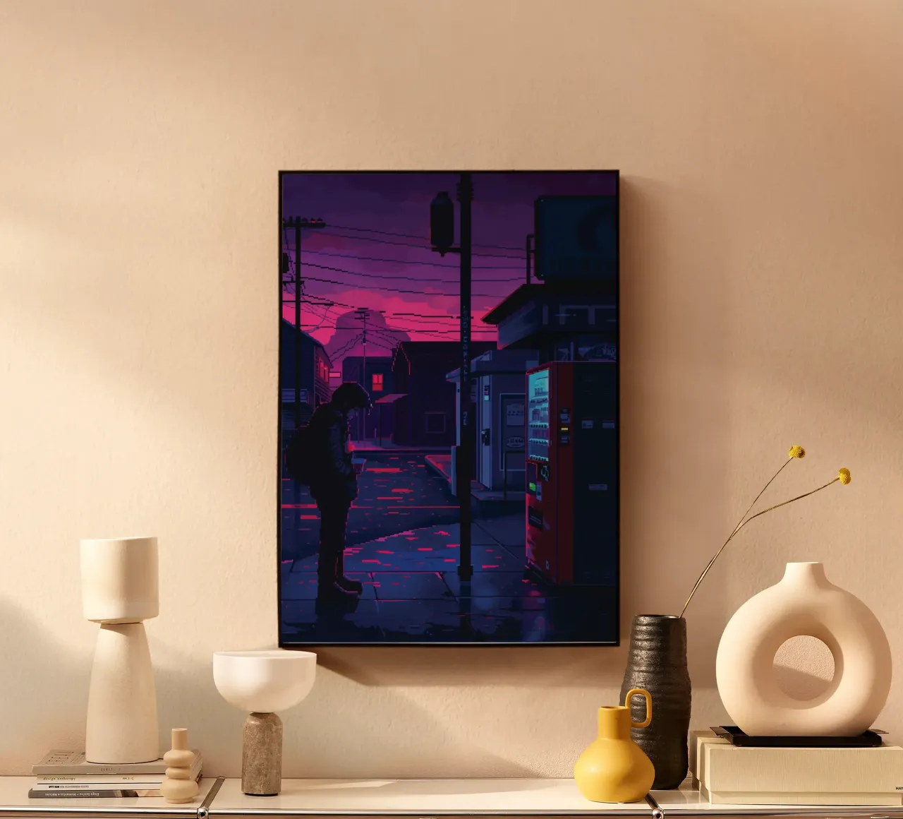 Paesaggio urbano pixelato con distributore automatico e uomo di notte alluminio dibond da Dreamyart