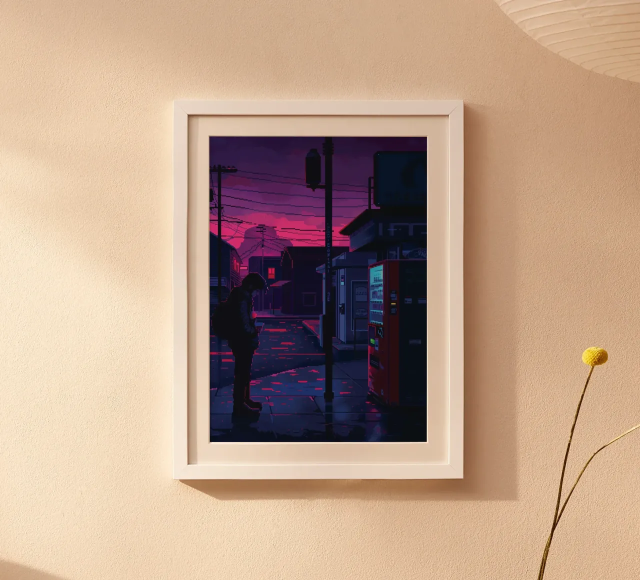 Paesaggio urbano pixelato con distributore automatico e uomo di notte carta hahnemühle da Dreamyart