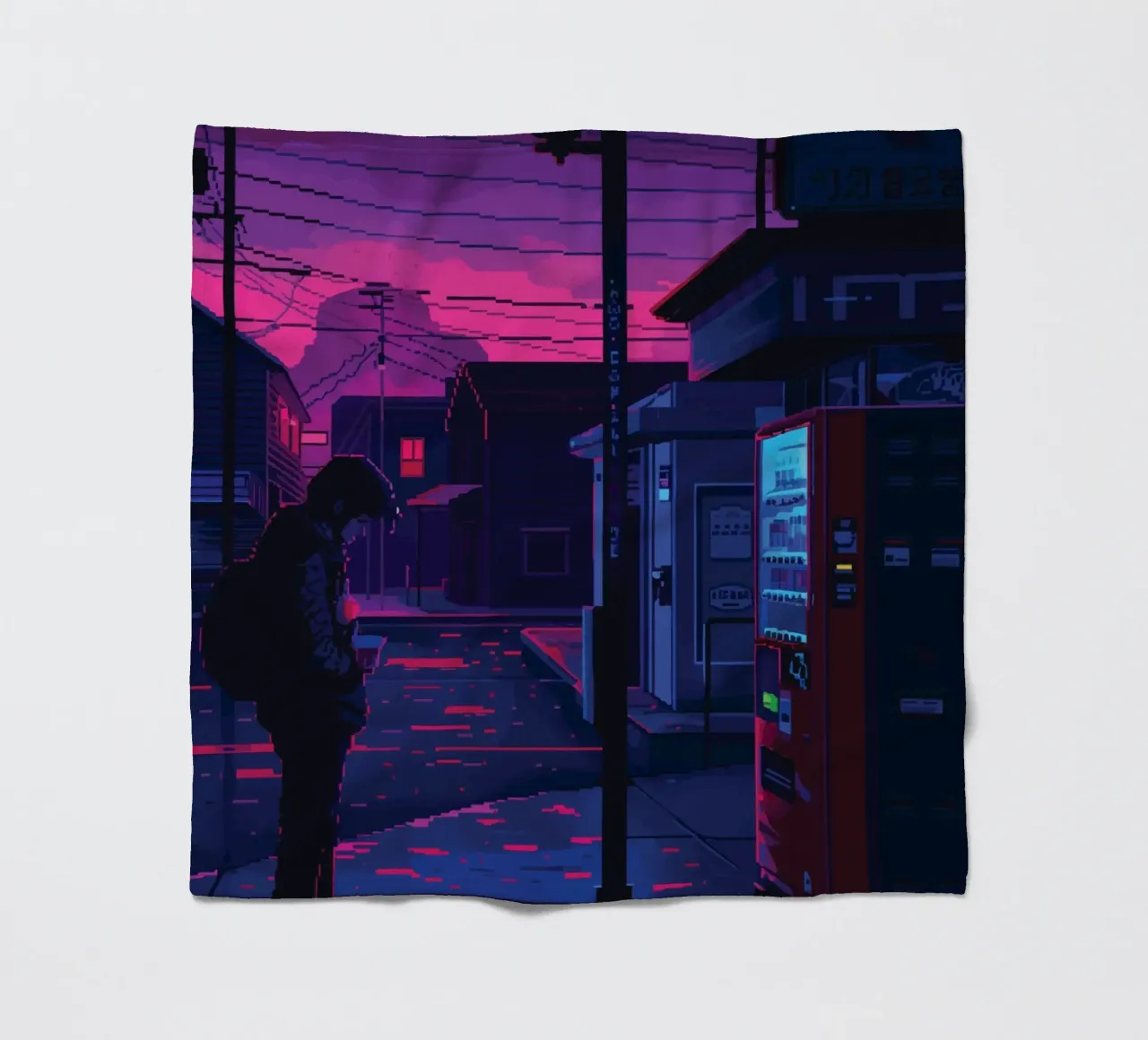 Paesaggio urbano pixelato con distributore automatico e uomo di notte coperta in pile da Dreamyart