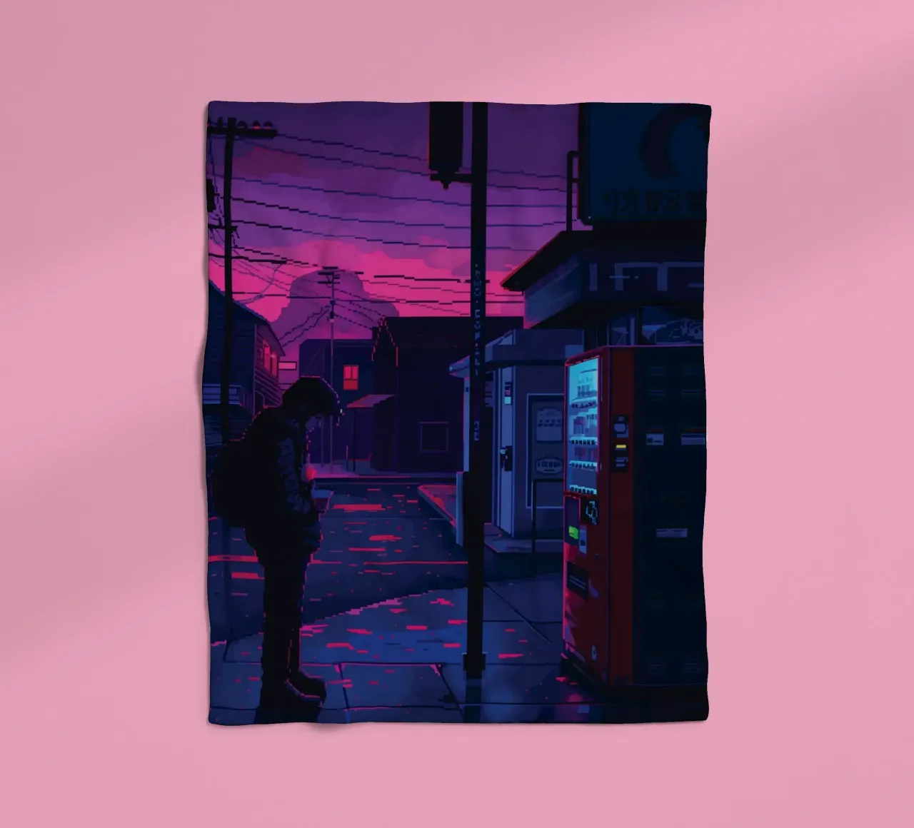 Paesaggio urbano pixelato con distributore automatico e uomo di notte coperta in pile da Dreamyart