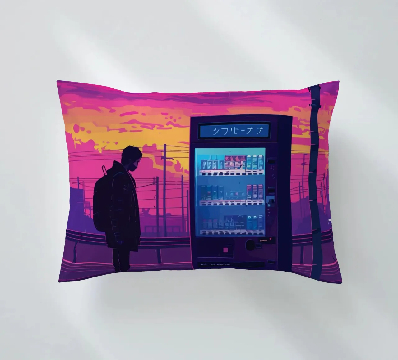 Man Waiting at Train Station with Vending Machine and Neon S decorative cushion by Dreamyart