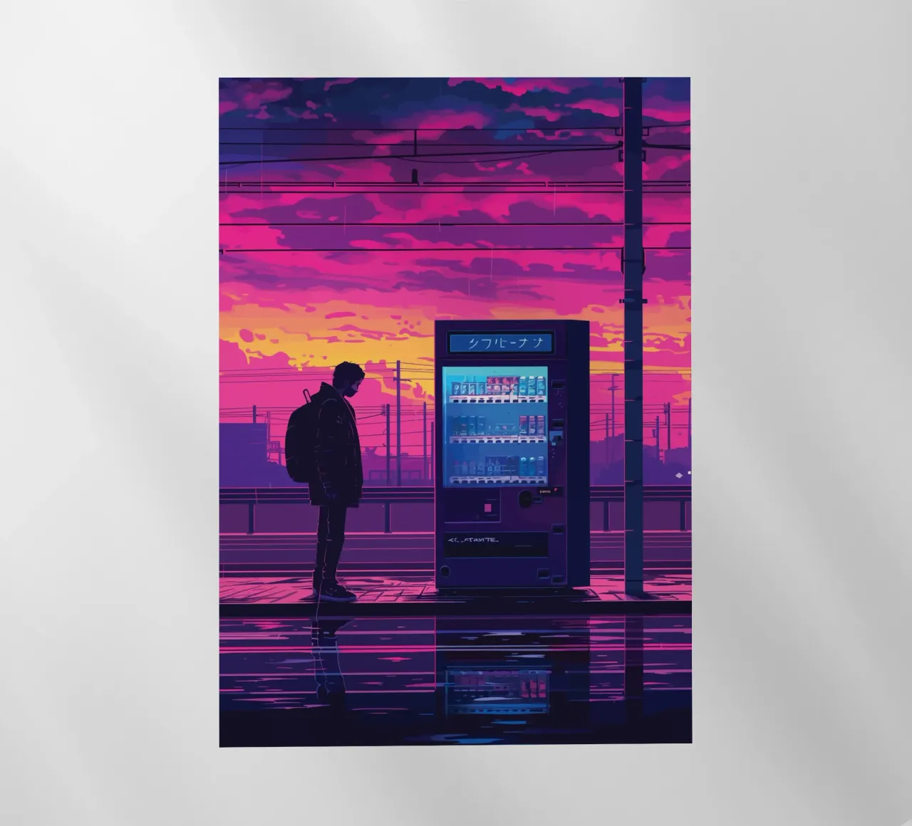 Man Waiting at Train Station with Vending Machine and Neon S backlit film by Dreamyart