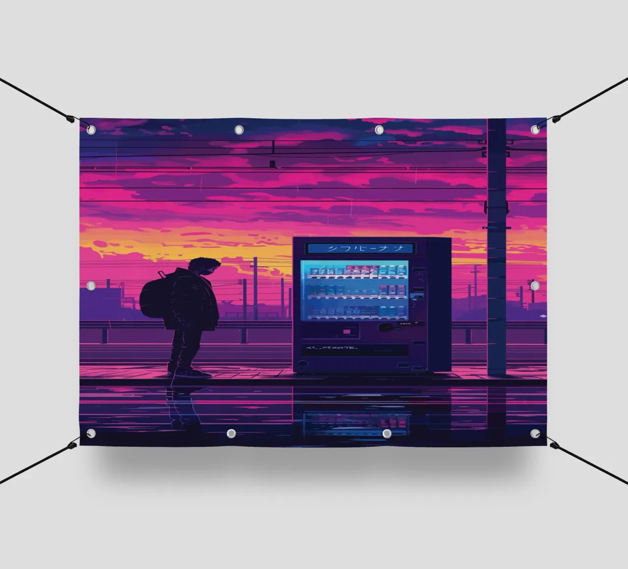 Man Waiting at Train Station with Vending Machine and Neon S pvc cover by Dreamyart