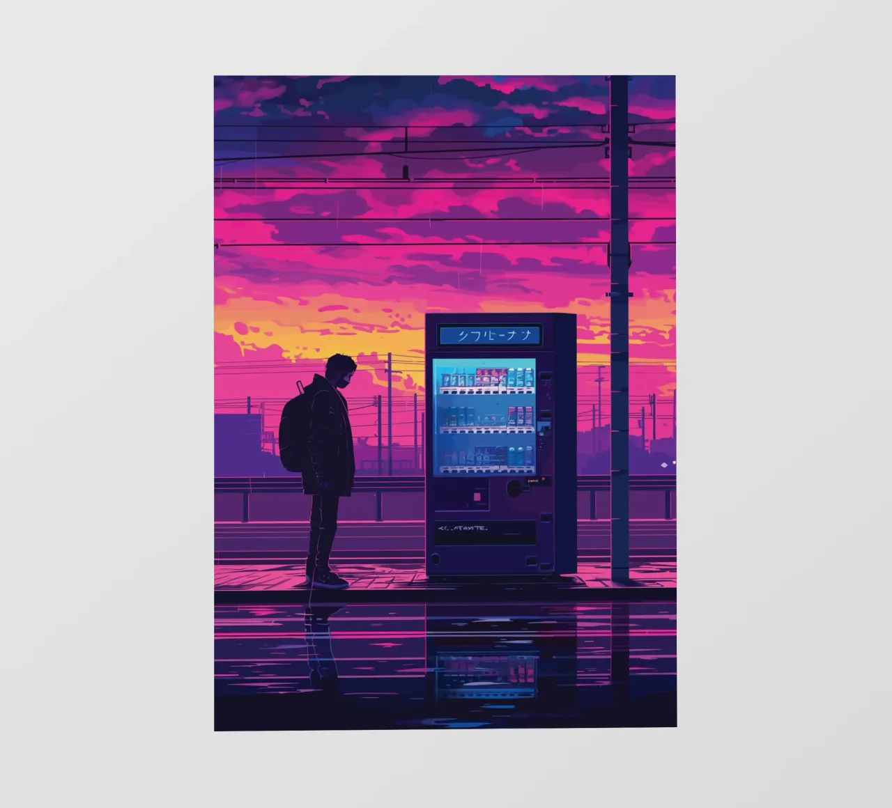 Man Waiting at Train Station with Vending Machine and Neon S pvc cover by Dreamyart