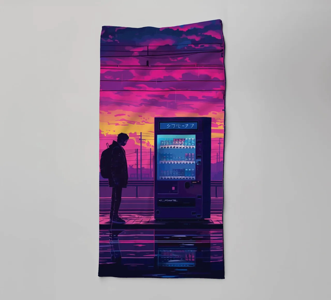 Man Waiting at Train Station with Vending Machine and Neon S towel by Dreamyart