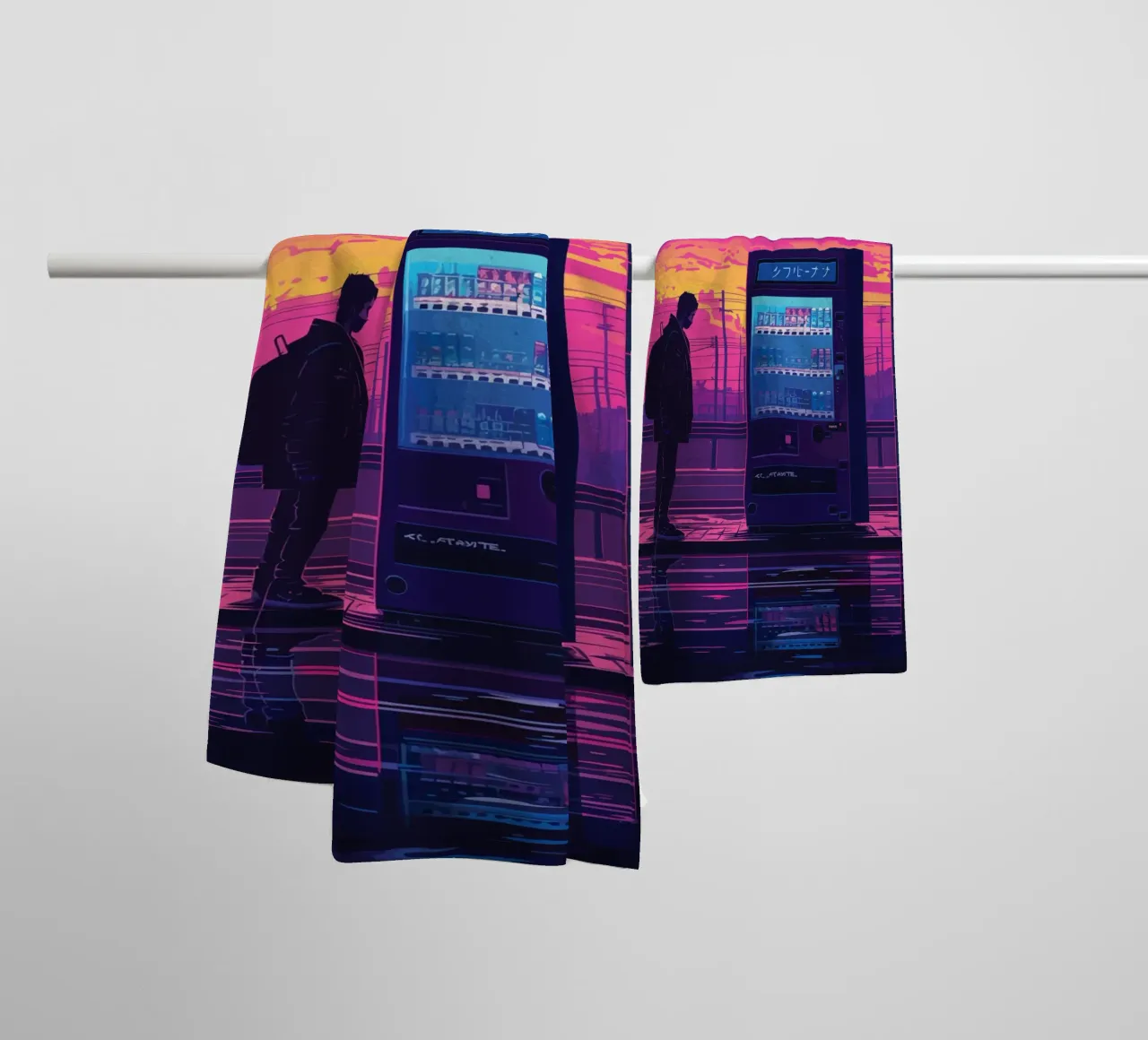 Man Waiting at Train Station with Vending Machine and Neon S towel by Dreamyart