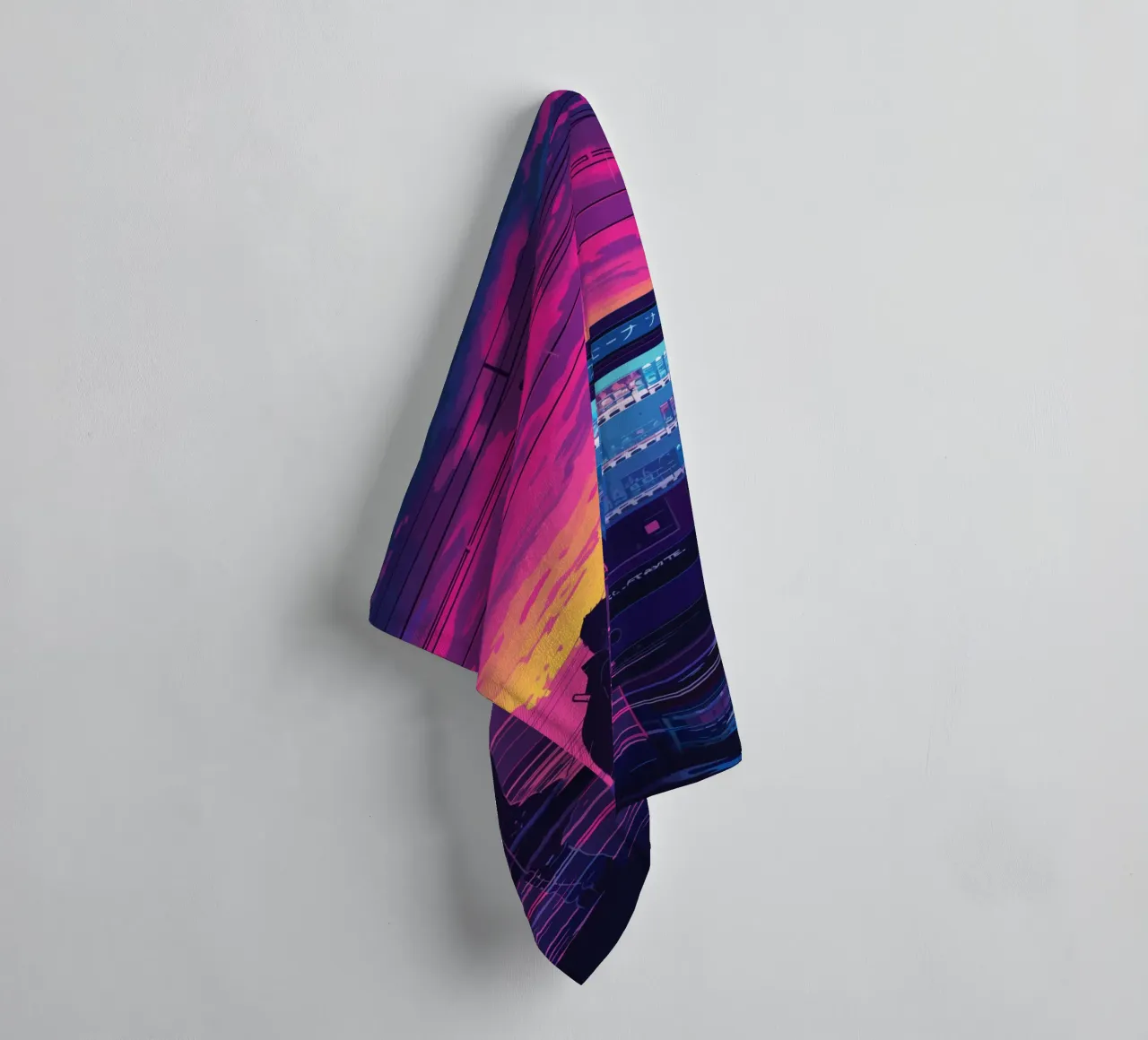 Man Waiting at Train Station with Vending Machine and Neon S towel by Dreamyart