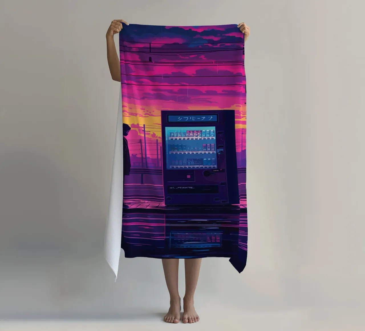 Man Waiting at Train Station with Vending Machine and Neon S beach towel by Dreamyart