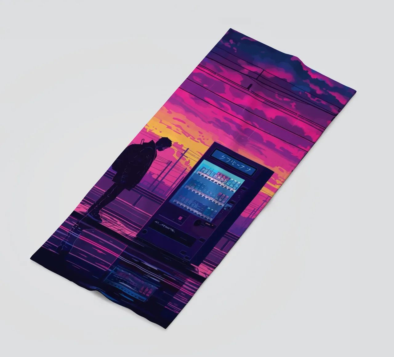 Man Waiting at Train Station with Vending Machine and Neon S beach towel by Dreamyart