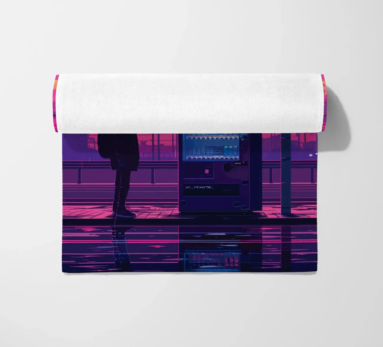 Man Waiting at Train Station with Vending Machine and Neon S beach towel by Dreamyart