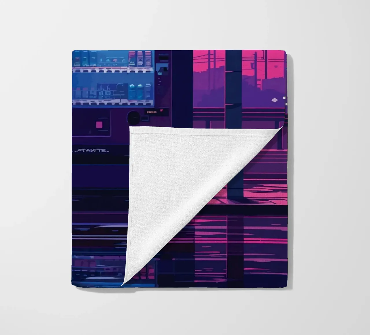 Man Waiting at Train Station with Vending Machine and Neon S beach towel by Dreamyart