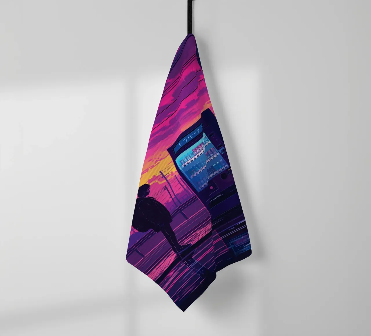 Man Waiting at Train Station with Vending Machine and Neon S tea towel by Dreamyart
