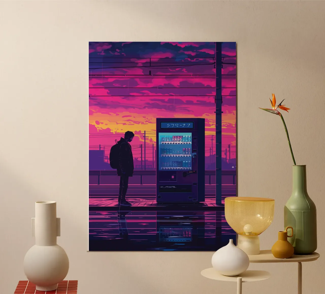 Man Waiting at Train Station with Vending Machine and Neon S alu-dibond by Dreamyart