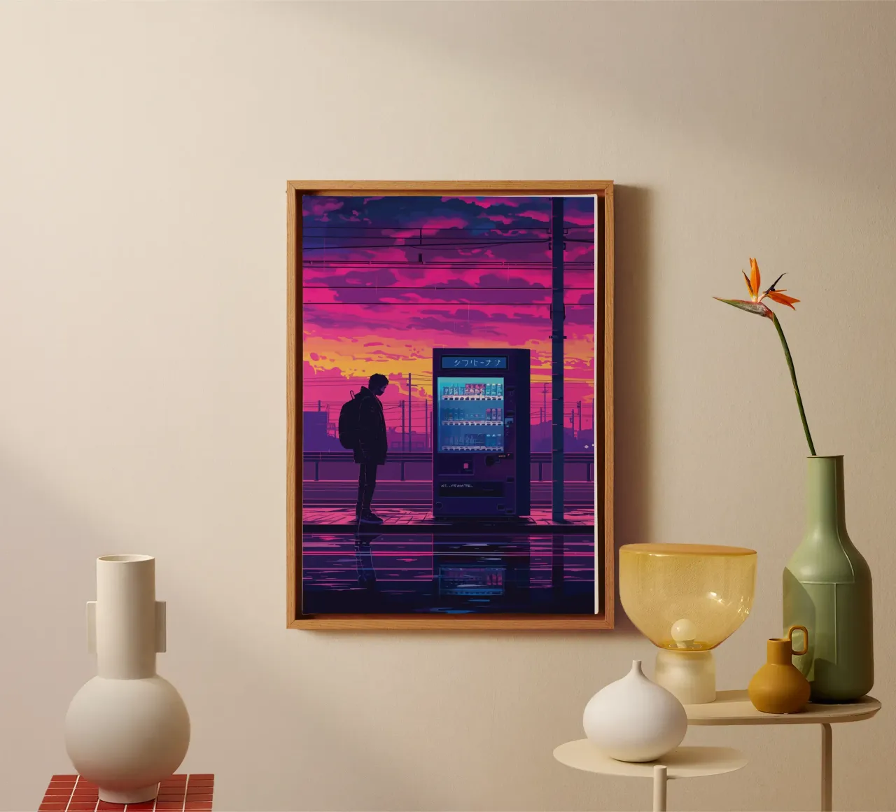 Man Waiting at Train Station with Vending Machine and Neon S canvas by Dreamyart