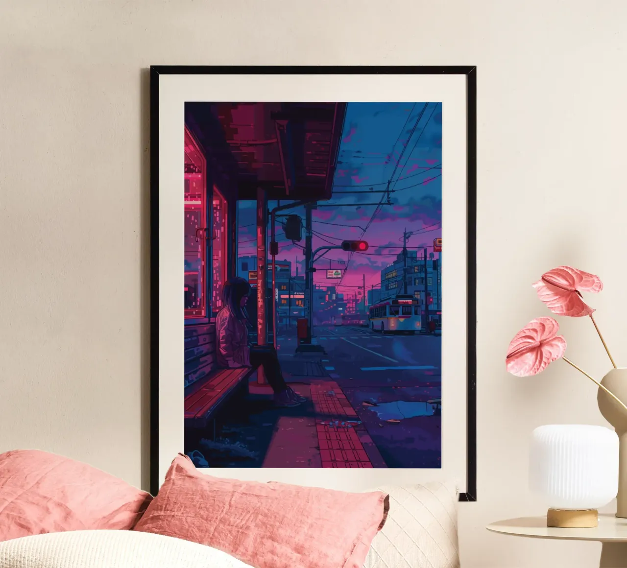 Figura solitaria alla fermata dell'autobus di notte Paesaggio urbano poster con telaio in alluminio da Dreamyart