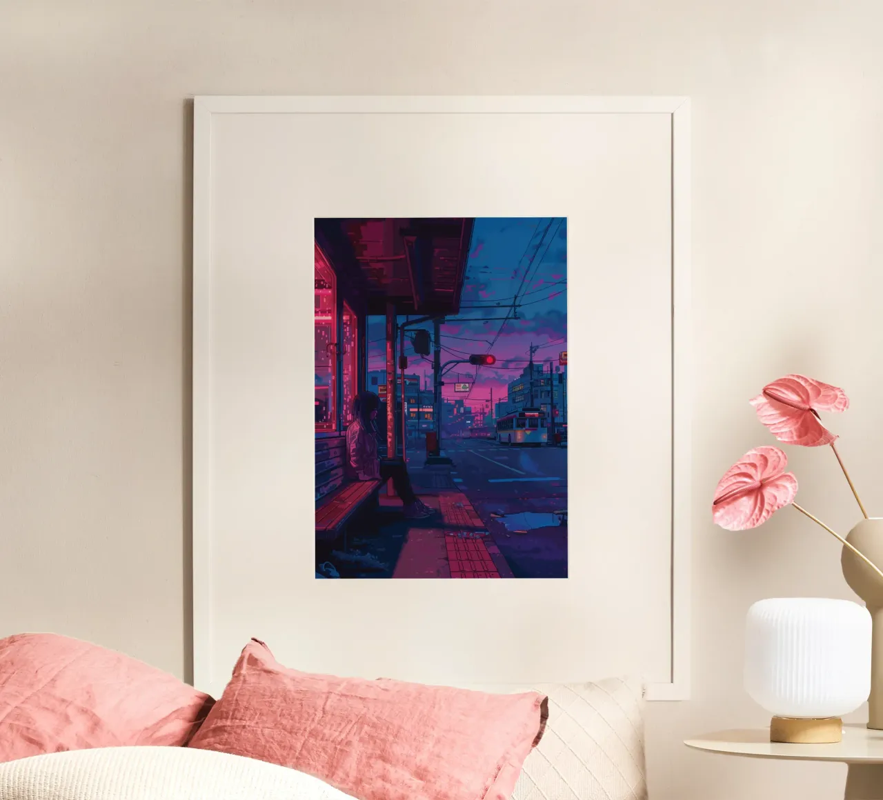 Figura solitaria alla fermata dell'autobus di notte Paesaggio urbano poster con telaio in alluminio da Dreamyart