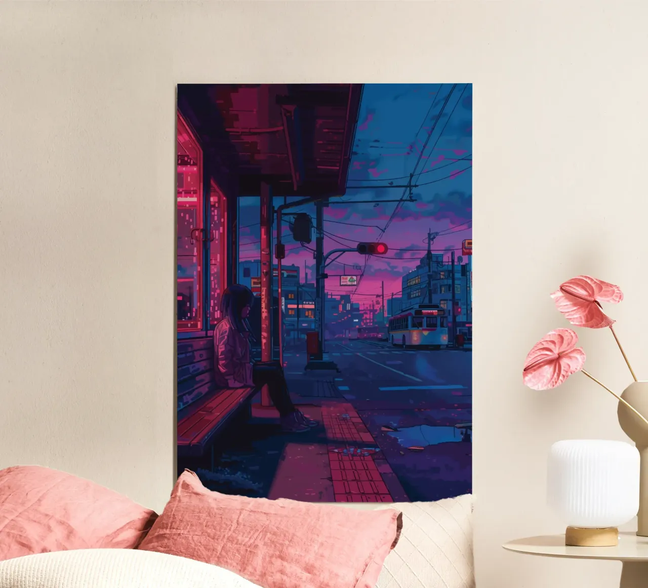 Figura solitaria alla fermata dell'autobus di notte Paesaggio urbano poster con telaio in alluminio da Dreamyart